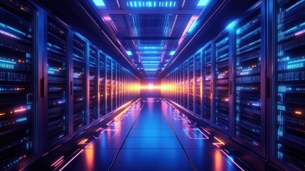 Fototapeta premium A futuristic supercomputer room with endless glowing servers, humming softly, --ar 16:9 --v 6.1 Job ID: 07bffa08-6946-4062-ac59-71ea66de074b