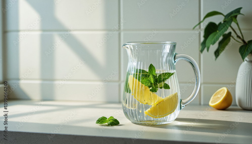 Poster everyday objects - for downstream advertisement and design: a glass pitcher filled with water, lemon