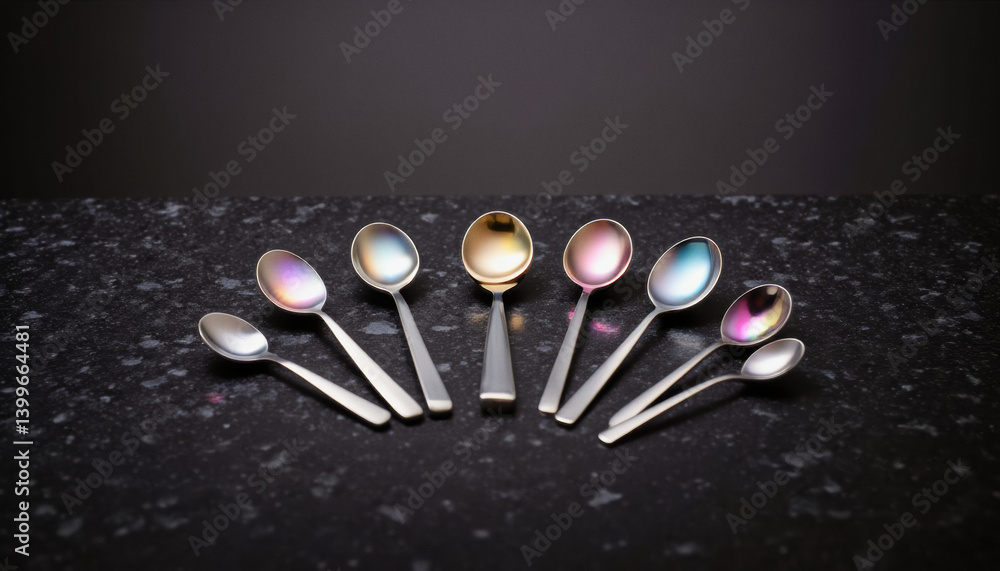 Aufkleber everyday objects - for downstream advertisement and design: a row of stainless steel spoons arranged