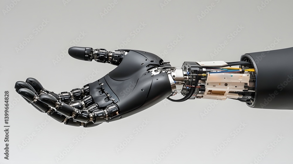 Poster cutting edge digital showcasing an advanced robotic limb with self repairing nanotechnology highligh