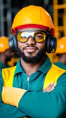 A man wearing a hard hat and safety glasses