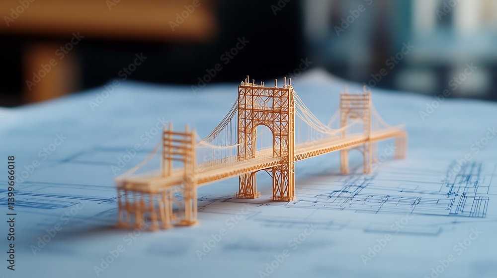 Poster bridge model on blueprint engineering structure design concept