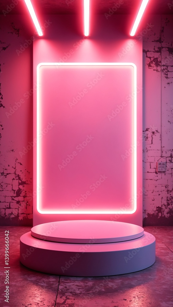 Poster pink neon light product background stage or podium pedestal on grunge street floor with glow spotlig