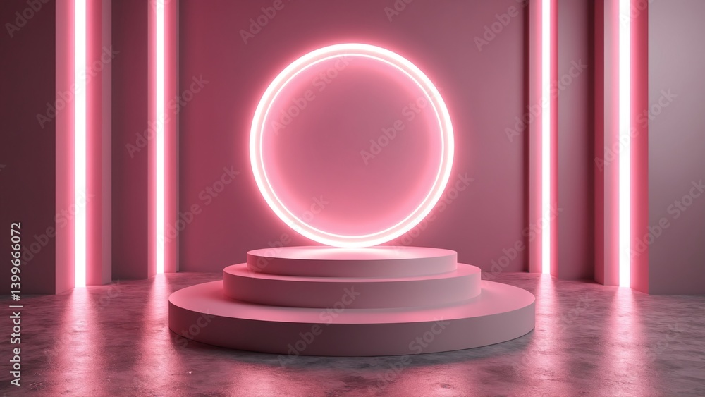Poster pink neon light product background stage or podium pedestal on grunge street floor with glow spotlig