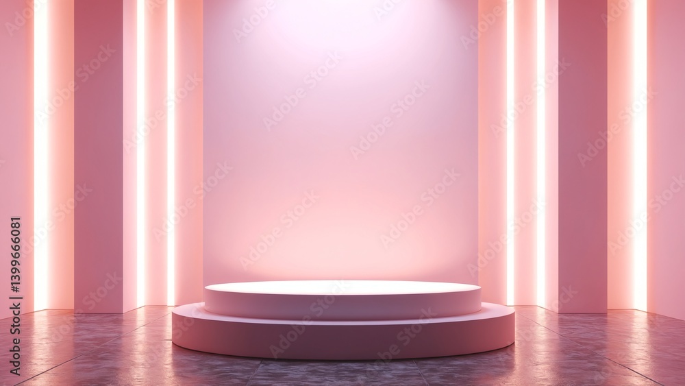Poster pink neon light product background stage or podium pedestal on grunge street floor with glow spotlig