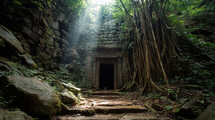Mystical Ancient Temple Ruin with Massive Tree Roots Growing Through Ceiling