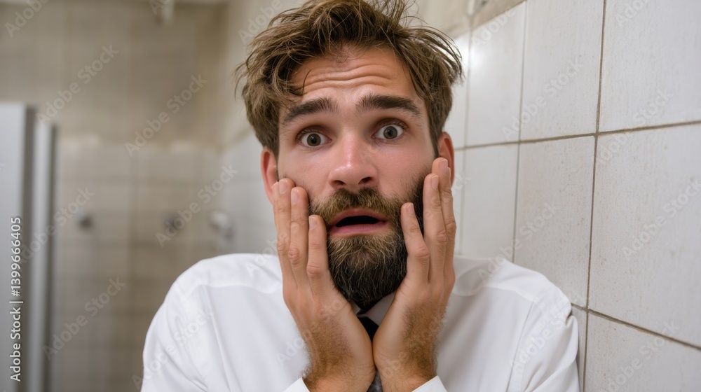 Poster man with a beard and a tie is standing in front of a wall, looking at the camera with his hands on h