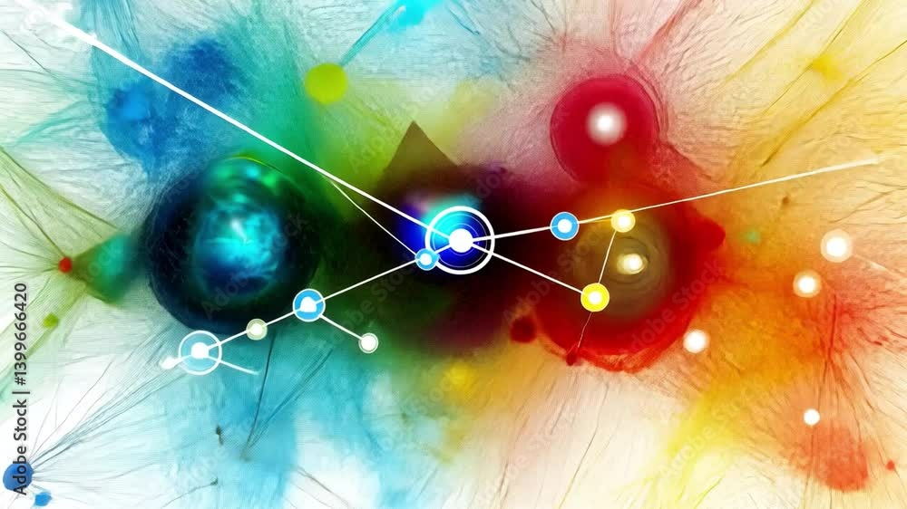 Poster celestial nexus: an abstract depiction of interconnected nodes and vibrant colors, radiating energy 