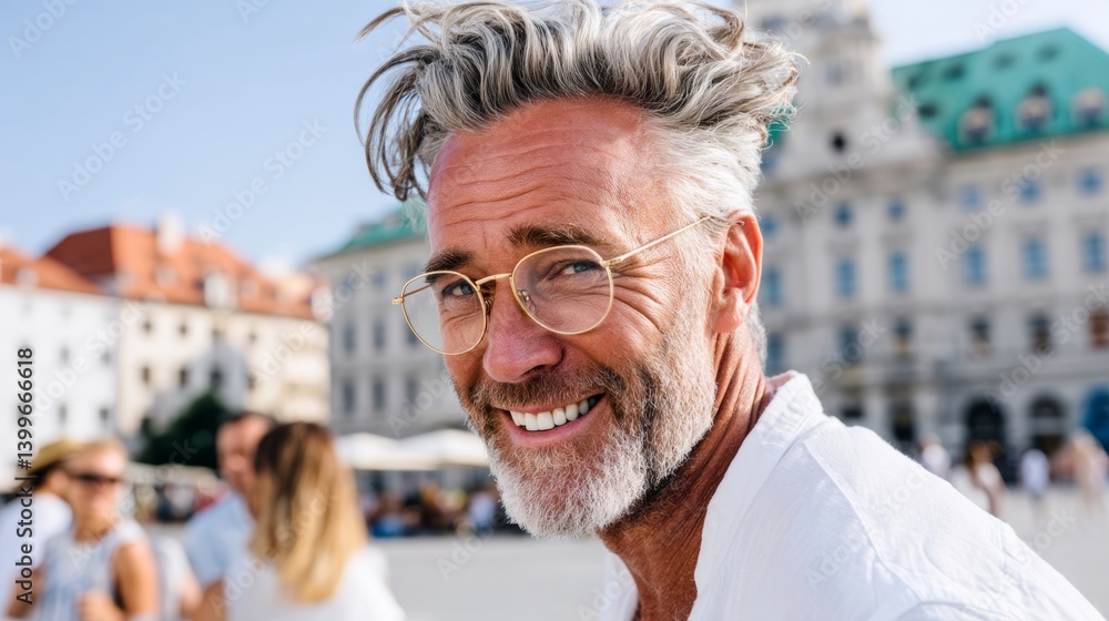 Poster man with a beard and glasses is smiling in front of a building. scene is happy and friendly