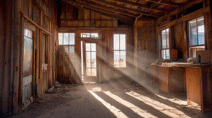 Atmospheric Sunlit Abandoned Room with Warm Light Through Historic Windows
