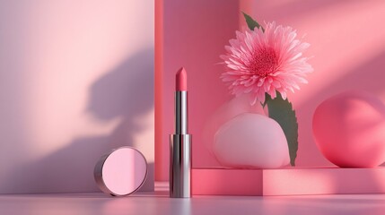 Pink cosmetic display with lipstick and flower