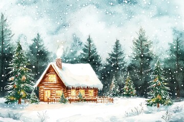 A cozy wooden cabin sits blanketed in snow, with snowflakes gently falling amid evergreen trees, creating a peaceful winter landscape
