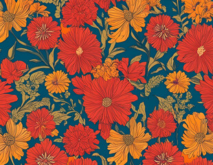 Red Orange Floral Pattern AI Art