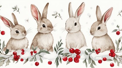 Fototapeta premium Four adorable rabbits are lined up, surrounded by red berries and greenery, creating a charming and playful atmosphere