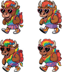 Fototapeta premium Cute and Funny Cartoon Bull Back to School Character Clipart Vector Set