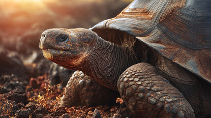 Ancient Giant Tortoise Portrait Showing Textured Shell and Weathered Skin