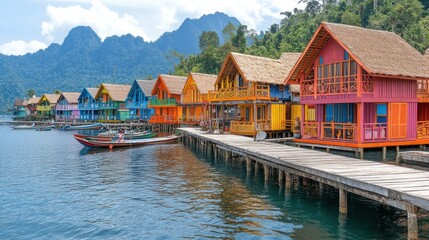 Naklejka premium Colorful Floating Houses on a Tropical Lake