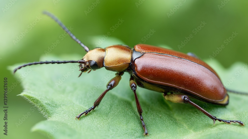 Poster brown bug is on a leaf. the bug is brown and has a shiny appearance. it is standing on a green leaf