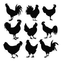 Chicken and Rooster Silhouette Vector Set.