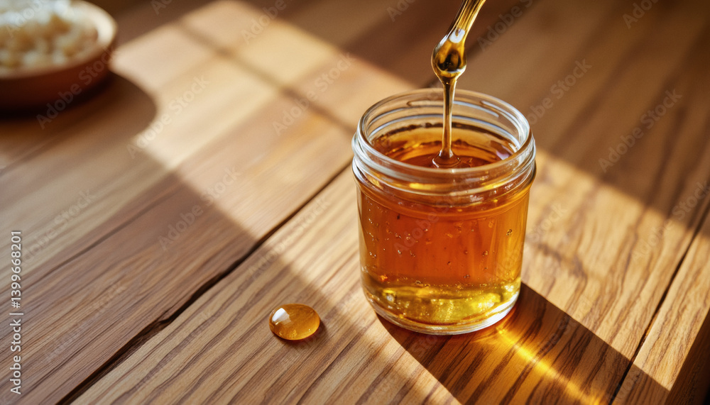Poster everyday objects - for downstream advertisement and design: golden honey drips from a spoon into a g