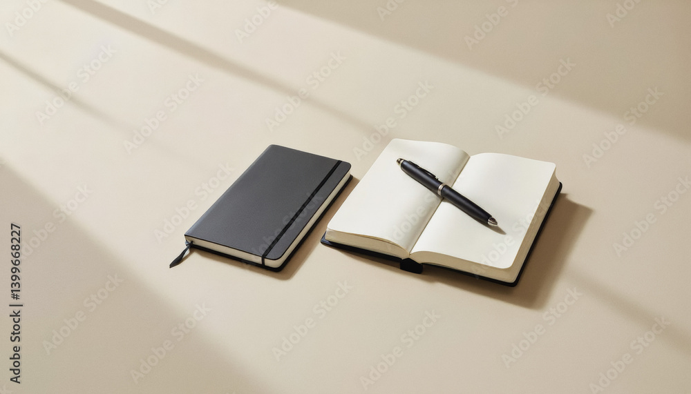 Poster everyday objects - for downstream advertisement and design: a pen rests on an open notebook alongsid