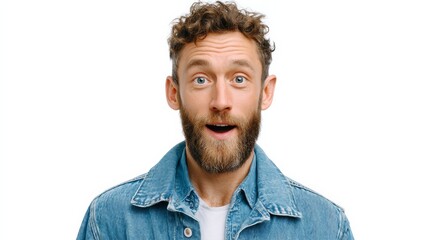 Man with a beard and blue jacket is smiling and looking surprised. Concept of happiness and excitement