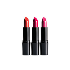 Obraz premium Three vibrant lipstick tubes in various shades of red and pink are displayed in a sleek arrangement.