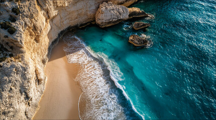 Aerial View of Pristine Turquoise Beach Cove with Rocky Coastal Formation