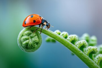 Fototapeta premium Ladybug is sitting on a leaf. The leaf is green and has a spiral shape. The ladybug is red and black