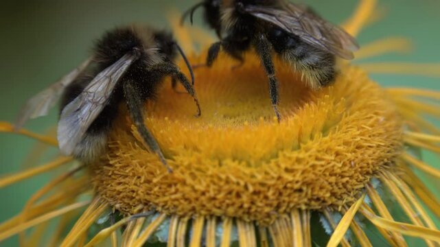 Mountain bumblebees pollinating yellow flowers in the forest