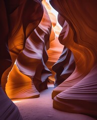 Stunning vertical rock formations inside a slot canyon, sculpted by wind and water over time, highlighting vibrant textures, color layers, and dramatic lighting

