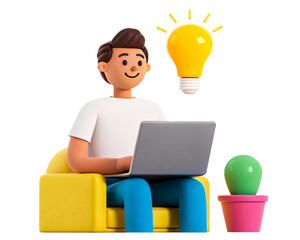 3D cartoon character sitting with a laptop, casual workspace setting, cheerful young man working remotely, animated freelancer, online learning and productivity concept