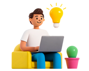 3D cartoon character sitting with a laptop, casual workspace setting, cheerful young man working remotely, animated freelancer, online learning and productivity concept