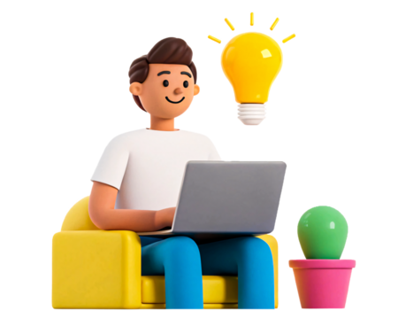 3D cartoon character sitting with a laptop, casual workspace setting, cheerful young man working remotely, animated freelancer, online learning and productivity concept