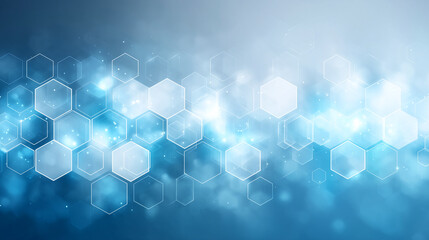Blue abstract background with hexagons and bokeh lights, modern design, science and tech concept, futuristic feel.