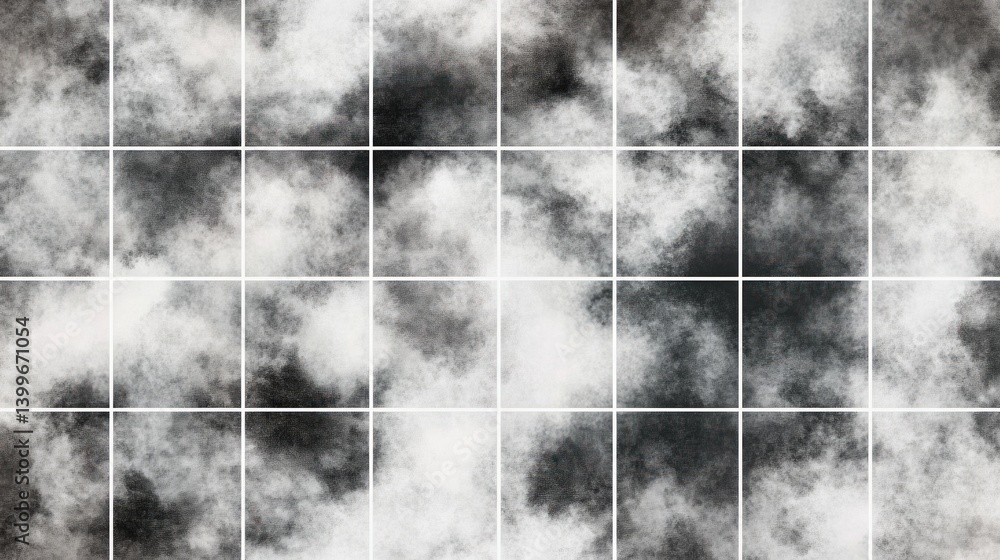 Poster a grayscale tiled pattern of textured cloudy skies.