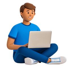Casual young man sitting on the floor with a laptop, working in a relaxed posture, modern freelancer or remote worker, productivity in a comfortable home setting