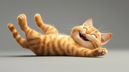 Playful ginger kitten lying on its back against gray background