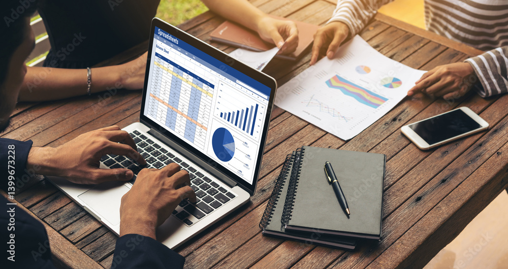 Poster spreadsheet document information financial startup concept. data and graphs in spreadsheet documents