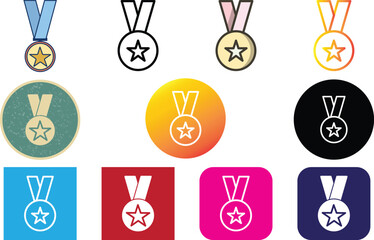 Minimalist medal icon collection featuring a star symbol. Perfect for awards, achievements, badges, certificates, winner recognition, and ranking displays. Clean, stylish, and versatile design.
