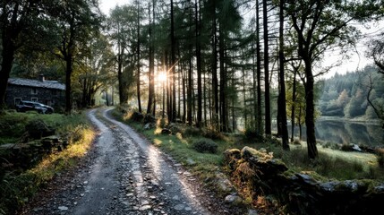 Obraz premium Sunlit Alpine Forest Trail Stone Cottage Car Lake