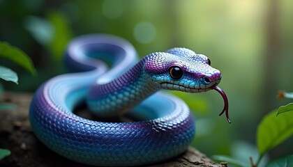 Fototapeta premium Iridescent Purple and Blue Snake Coiled in Lush Greenery