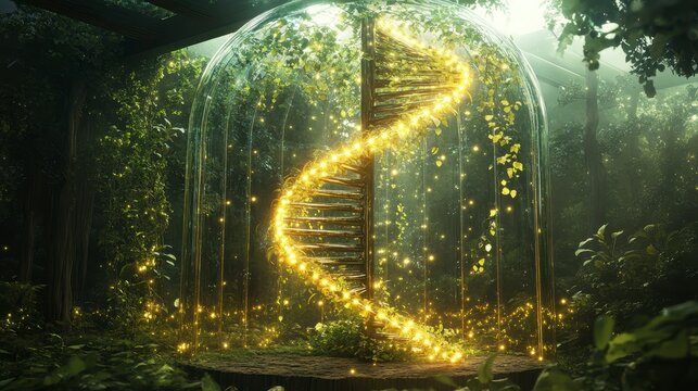 Enchanting DNA Helix in a Mystical Garden Greenhouse