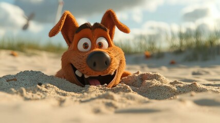 Cartoon dog smiles buried in beach sand; sunny day, windmills in background