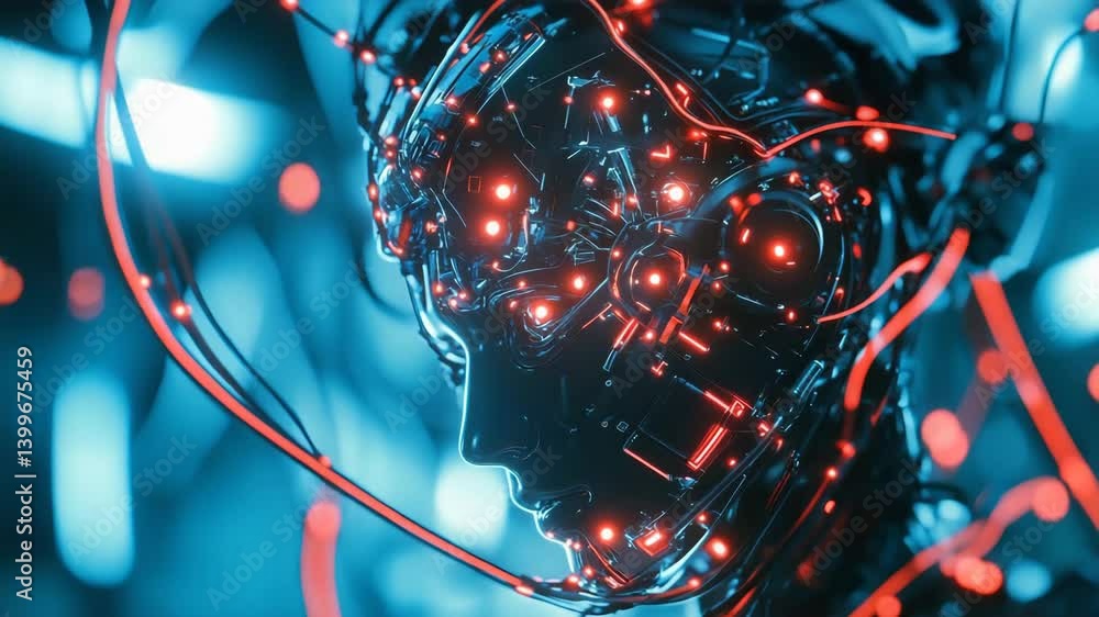 Poster futuristic robot design ai revolution in technology showcasing neon circuitry and innovation in robo