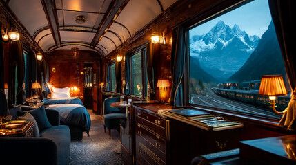 Luxury Train Window View of Mountain Landscape at Sunset