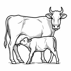 Vector illustration of a cow with a calf nursing, line art style, isolated on white.