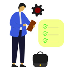 Flat vector illustration of a businessman holding a clipboard with a checklist, standing next to a gear symbol and suitcase. Perfect for concepts like project management, task completion, productivity