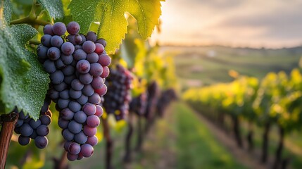 Lush grapes hang on vines in a scenic vineyard bathed in warm, golden light