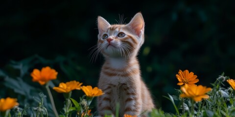 Curious orange striped kitten exploring a vibrant flower garden